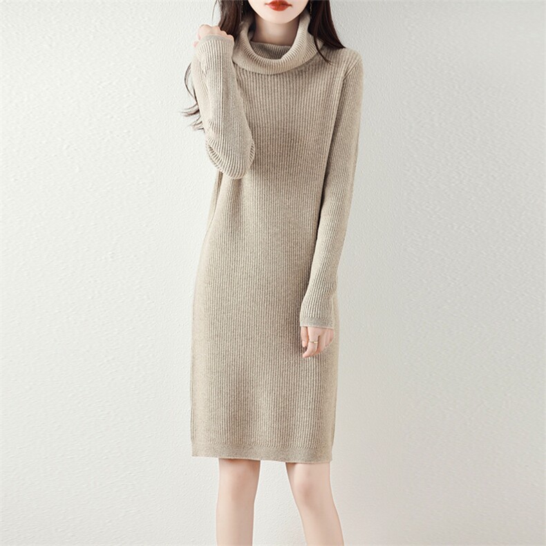 2024秋冬新款堆堆领长袖气质中长款修身简约连衣裙，女装连衣裙，赛冬羊绒