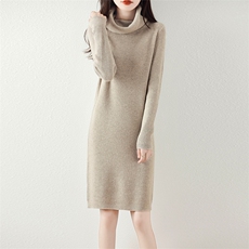 2024秋冬新款堆堆领长袖气质中长款修身简约连衣裙，女装连衣裙，赛冬羊绒