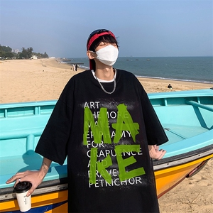 B239-1231-P28 胶带字母创意印花 夏季重磅落肩袖 短袖t恤 港风图片