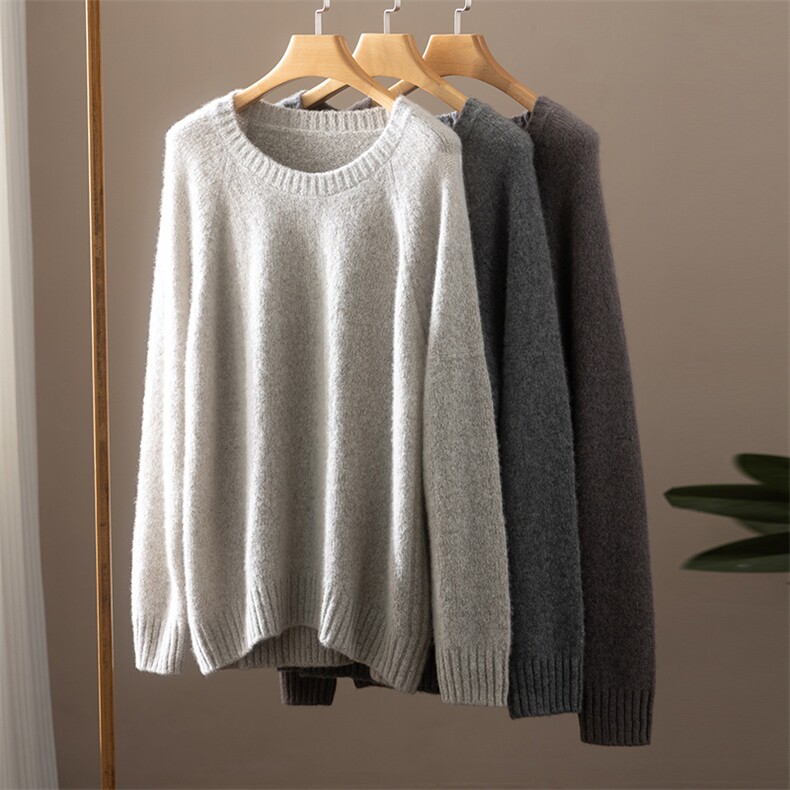 新品小羊羔绒轻盈软糯圆领秋季宽松套头打底衫，女装羊绒衫，江帆羊绒