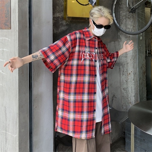 S106-P34美式复古格子刺绣短袖衬衫图片