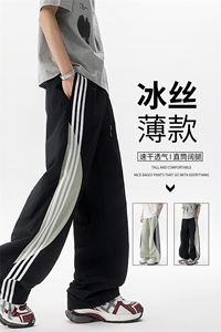 悟空有货潮牌夏季撞色条纹抽绳运动裤男复古街头宽松百搭休闲长裤图片