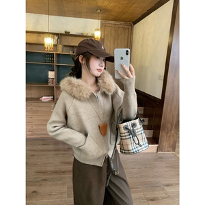 慵懒风连帽毛衣外套女毛领可拆卸高级感百搭通勤显瘦上衣秋季图片