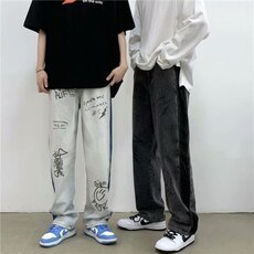 牛仔裤男港风字母印花2021夏季新款ins宽松直筒休闲裤潮K430-P45，男装牛仔裤，星座412-2