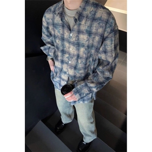 复古高级感扎染格子长袖衬衫男痞帅慵懒风春秋衬衣外套 C544图片
