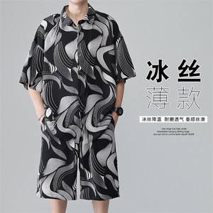 夏新凉感冰丝垂感短袖衬衫短男裤休闲时尚潮牌两件套装TZ090-P60图片