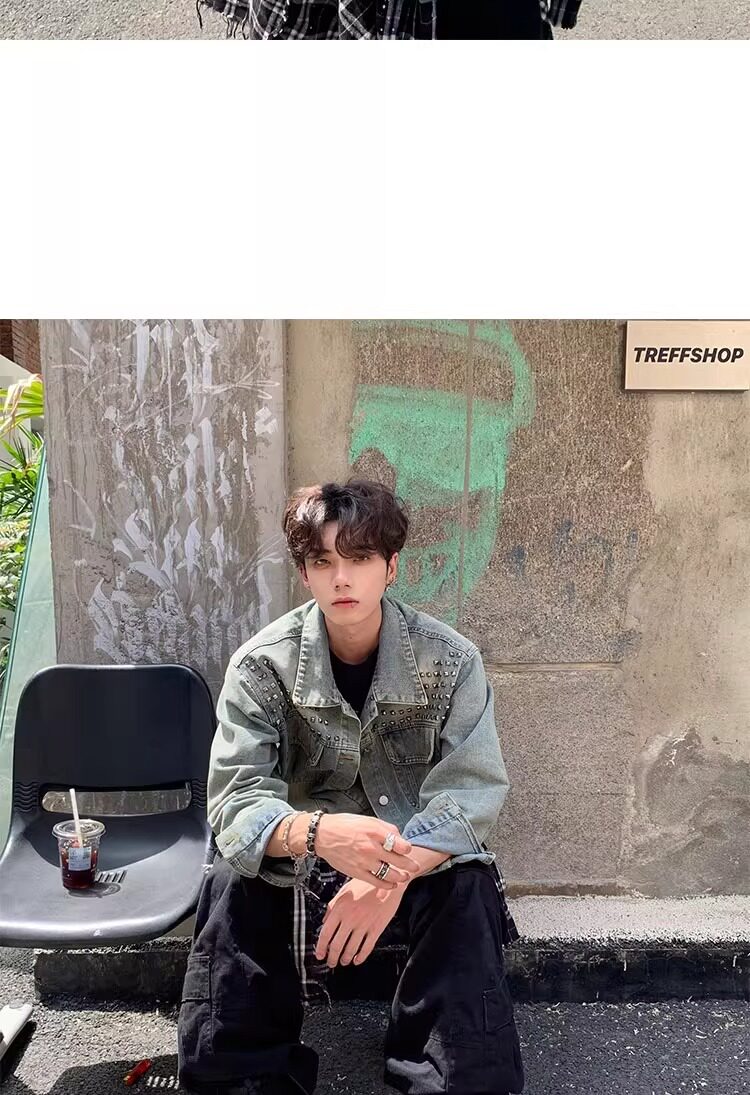 GC0700-P70网图牛仔外套男女宽松百搭重工铆钉做旧慵懒休闲夹克,男装工装外套,电商C233