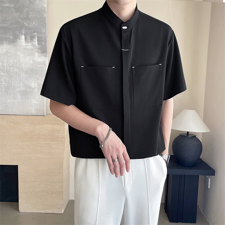 轻熟风~抖音夏季新中式立领暗扣冰丝中袖衬衫C296/P45,男装衬衫,电商B331