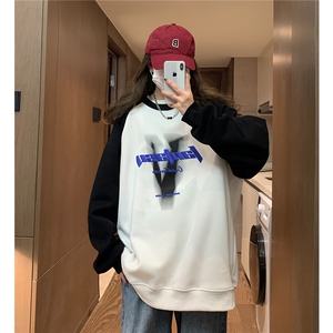 中性秋装 360高克重印花拼接长袖卫衣宽松套头外套女 H811 P58图片