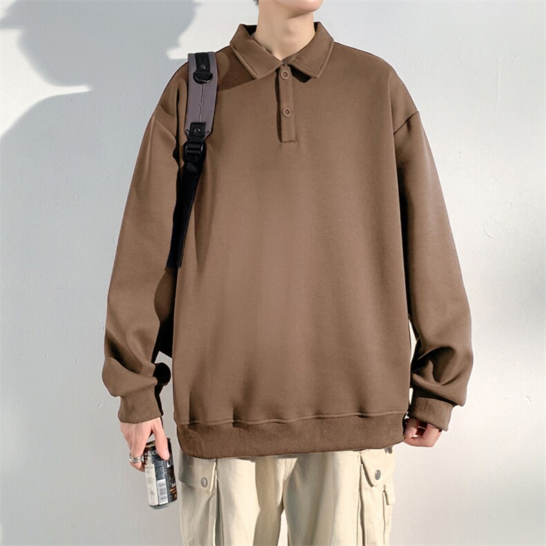 抖音得物高品质二开230克精梳珠地光版纯色宽松长袖T恤翻领POLO衫,男装T恤,电商A486