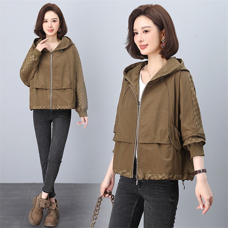 拼接短款外套女2024新款秋季时尚洋气春秋款妈妈连帽休闲夹克，女装大码女装，奕阳依阁