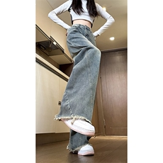 现货直筒渐变休闲裤女宽松复古蓝毛边牛仔裤男K5825-P55控78，男装休闲裤，星座205