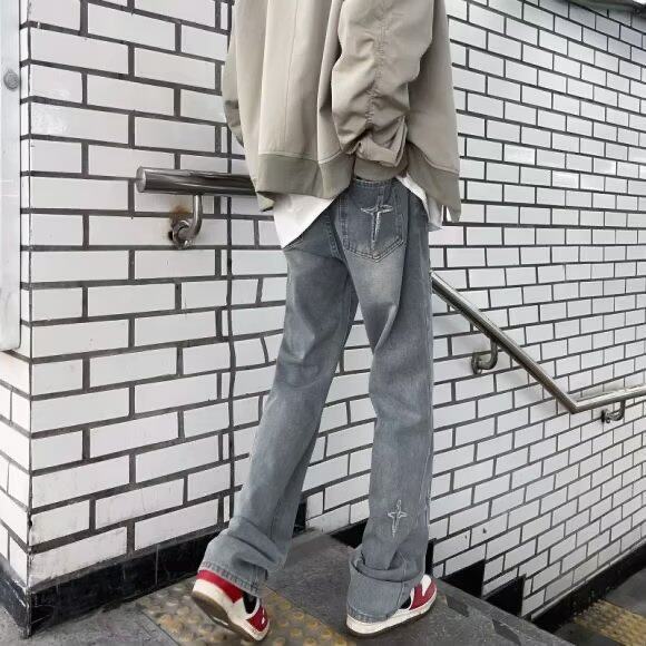 美式牛仔裤男潮牌春秋设计感星星阔腿裤子微喇裤潮CSL02P50,男装牛仔裤,星座1116-2