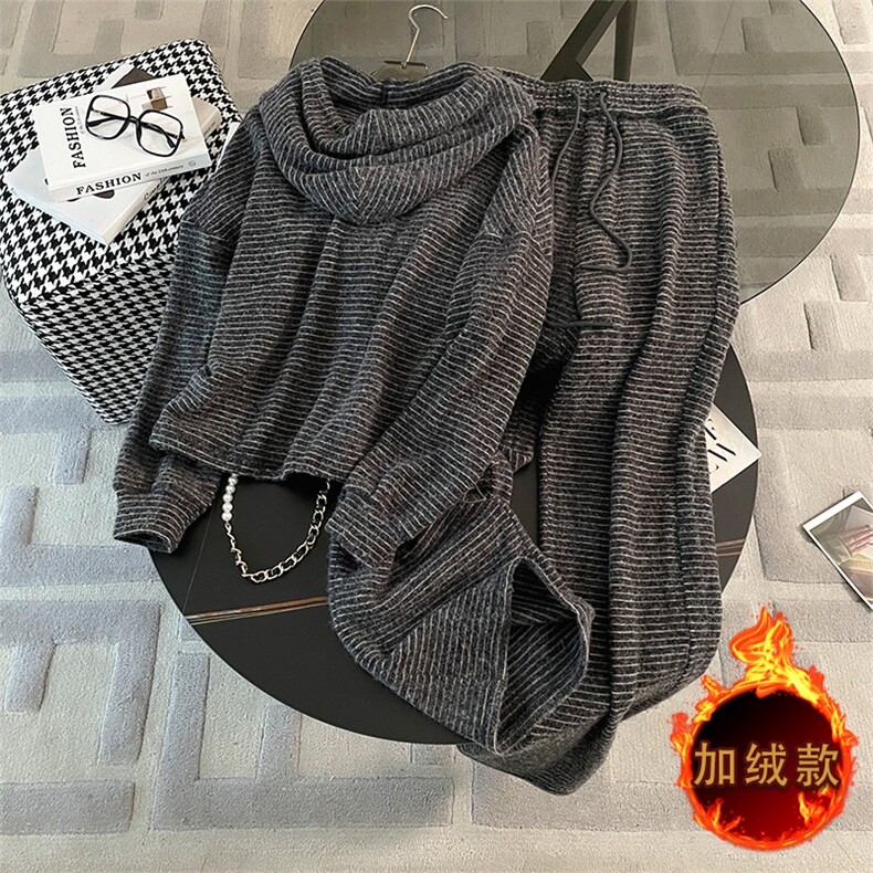 时尚加绒宽松显瘦运动卫衣阔腿裤两件套,女装套装/套裙,江南