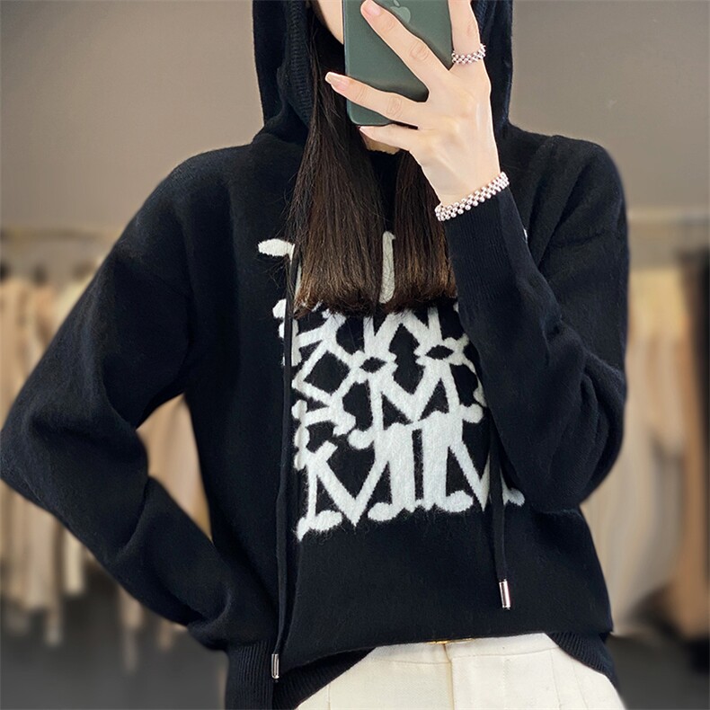 M家连帽卫衣美丽诺羊毛针织衫洋气减龄女秋冬长袖套头字母提花,女装羊毛衫,羊秋羊绒