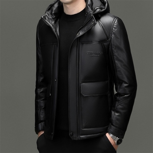 BG5607冬季海宁真皮羽绒服男时尚皮衣中年绵羊皮外套商务,驼色长外套搭配什么衣服图片