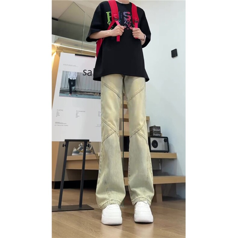 美式复古牛仔裤拼接显高显瘦窄版直筒弯刀微喇裤513ACK2642P42图片
