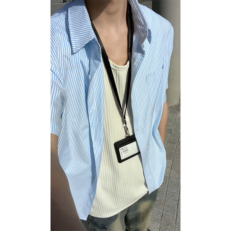 夏季条纹短袖衬衫男潮牌宽松休闲翻领衬衣外套DC2237-特价P26,男装T恤,电商A007