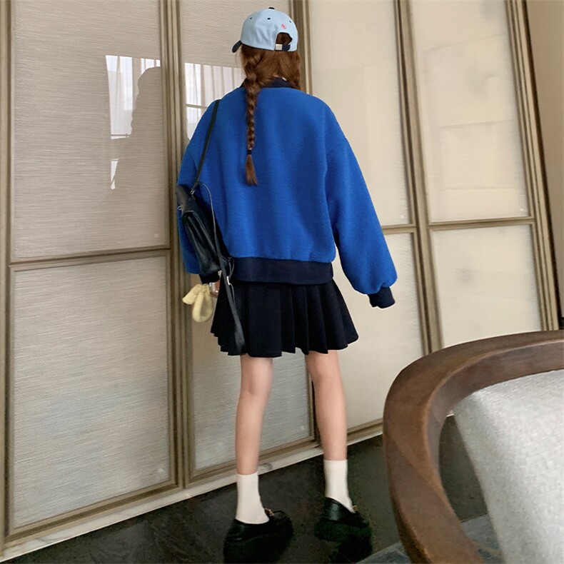 蓝色羊羔毛棒球服外套女2024冬季新款学院风宽松休闲加厚夹克上衣,女装短外套,浙宝276（原081）