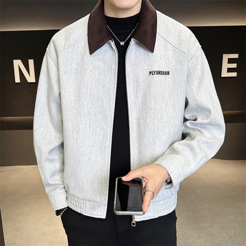 6022-M-2XL-P155店主风秋季男士休闲翻领拼色刺绣毛呢夹克外套男,男装夹克,电商B255