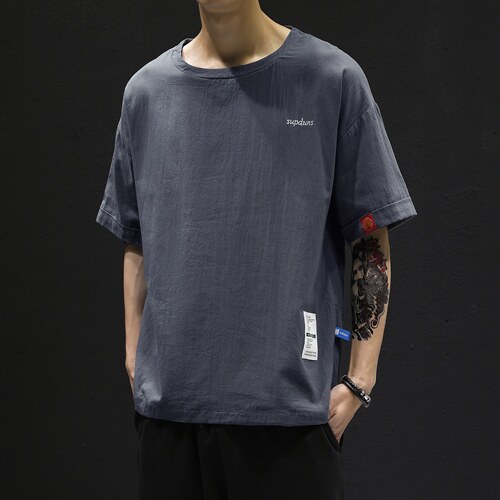 T215黑墙风男士休闲圆领棉麻短袖半截袖宽松T恤风民族风TEE潮，男装T恤，星座115A(原星座507）