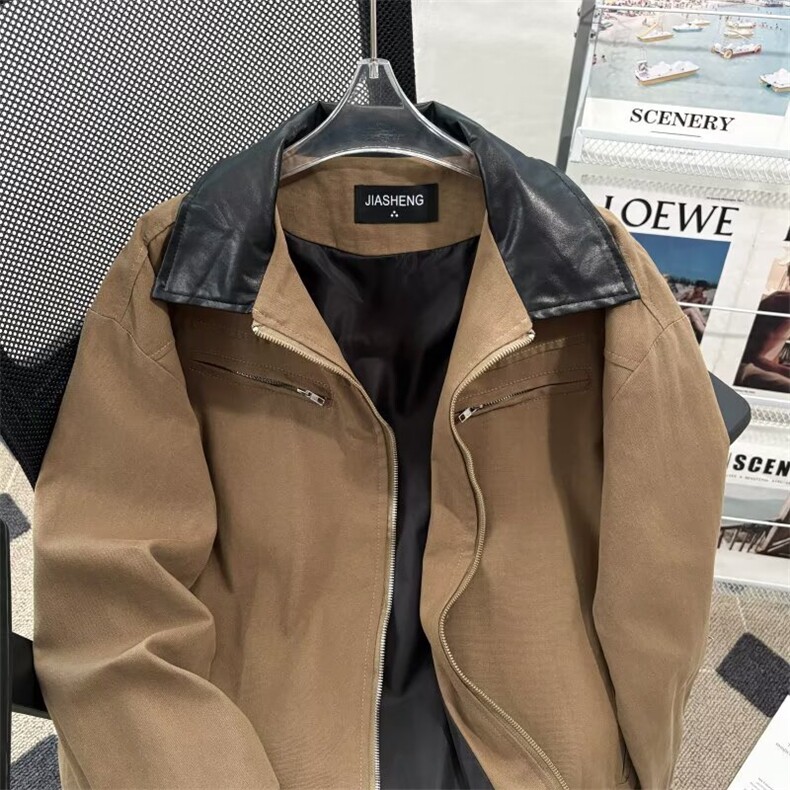 复古美式拼接翻领工装外套男款水洗夹克小众高级感垫肩棒球服百搭,男装夹克,星座601-1