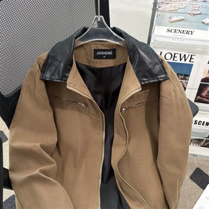 复古美式拼接翻领工装外套男款水洗夹克小众高级感垫肩棒球服百搭图片