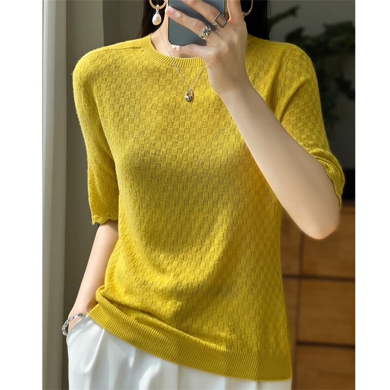 一线成衣夏季新款精纺羊毛短袖t恤女宽松圆领花边针织衫半袖上衣,针织衫/毛衣,大美人高端店