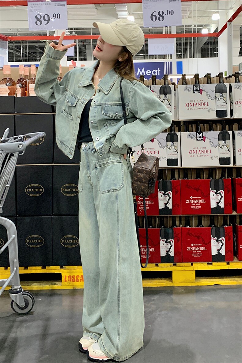 美式复古时髦牛仔上衣阔腿裤两件套女2025秋季新款高级感减龄套装,女装套装/套裙,1D060
