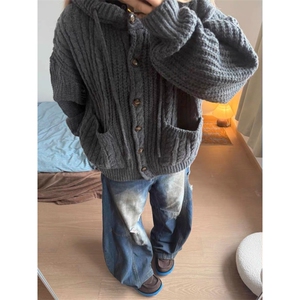 乜Q韩系慵懒风连帽针织开衫男女复古时髦高级感宽松毛衣外套ins潮图片