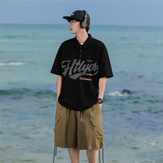 港风夏款男短袖POLO衫字母印花五分袖T恤衫T030P35，男装Polo衫，星座1013-1
