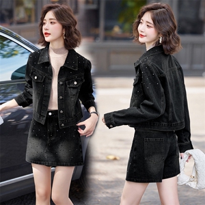 牛仔短裙套装女2025秋季新款小个子高级感欧货减龄烫钻裙裤两件套图片