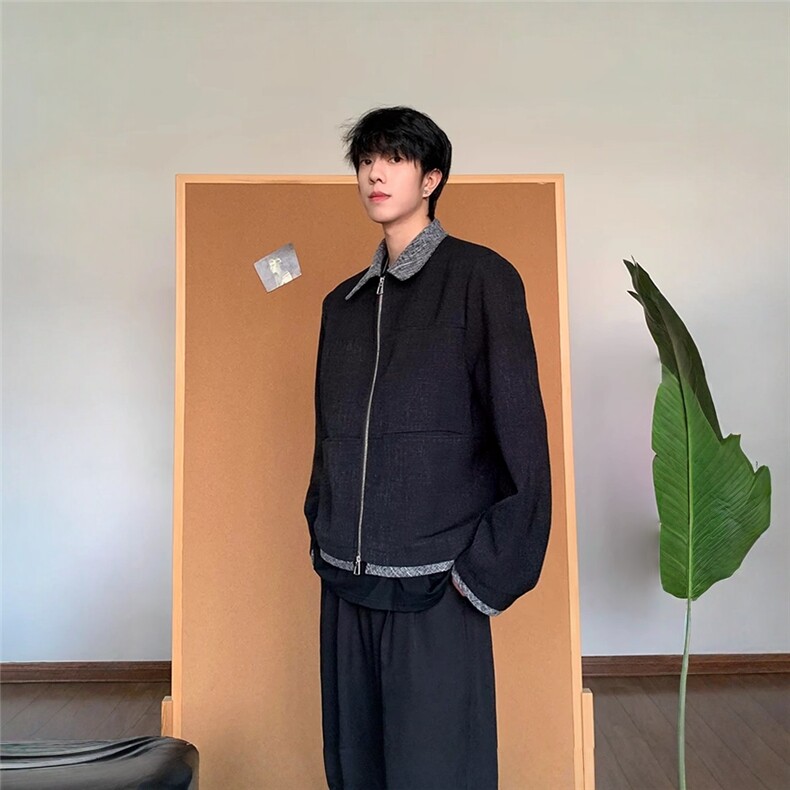 W6514-P66小香风撞色翻领高级感外套男款美式小众ing短宽痞帅,女装短外套,电商B323A