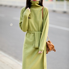 堆堆高领100%纯羊毛衫针织连衣裙女中长款过膝腰带羊绒衫打底裙子，女装连衣裙，蒙特羊绒