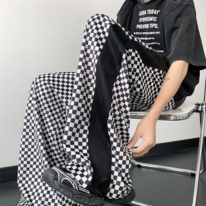 棋盘格子阔腿裤男夏撞色宽松休闲直筒拖地长裤子XZ514-2-1552-P48图片