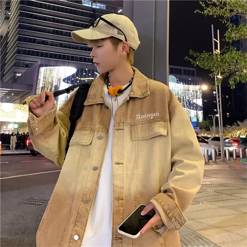 美式复古情侣牛仔外套新款潮牌渐变上衣宽松痞帅工装夹克男,男装工装外套,星座715-4