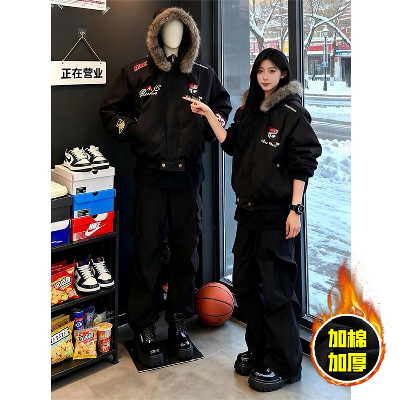 现货高品质美式高街重磅刺绣座山雕大毛毛领棉衣男女加厚棉服外套,男装棉衣,电商A486