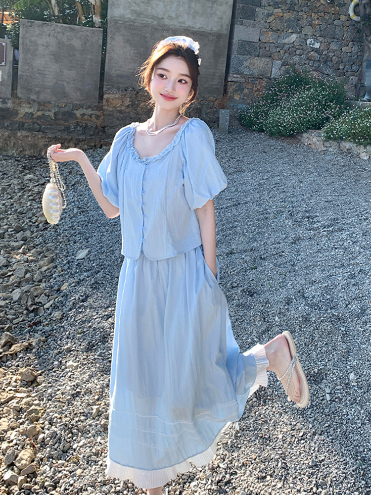 蓝色简约大方休闲套装裙女2025夏新款超好看甜美上衣半身裙两件套,女装套装/套裙,浙宝220