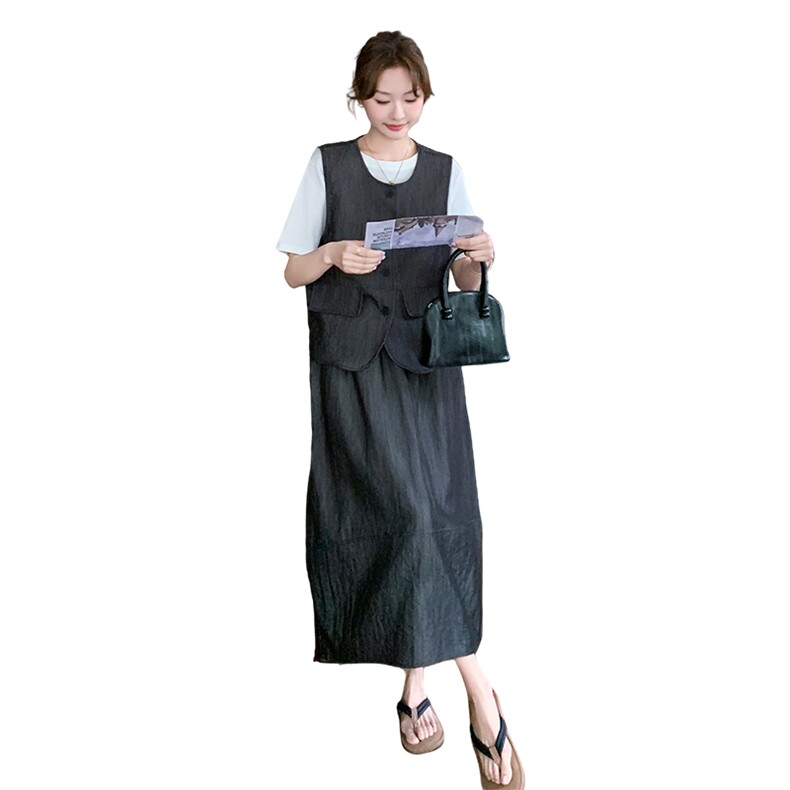 松弛感穿搭一整套女2025夏季新款复古小个子马甲T恤半身裙三件套,女装套装/套裙,2C051