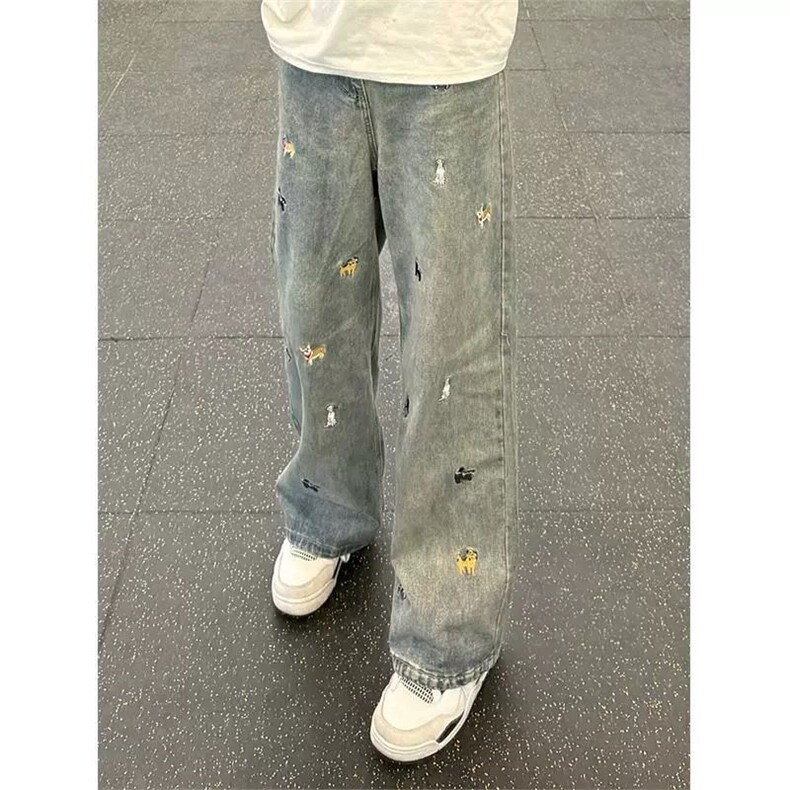 腊肠狗刺绣牛仔裤男款hiphop美式高街裤子设计感小众直筒阔腿长裤，男装休闲裤，星座1210-1