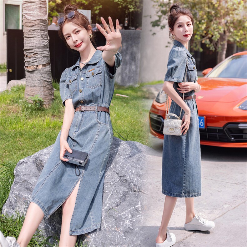 复古牛仔布长裙连衣裙女2025年夏季新款法式高级感小个子连身裙子,女装连衣裙,瑶迪依秀