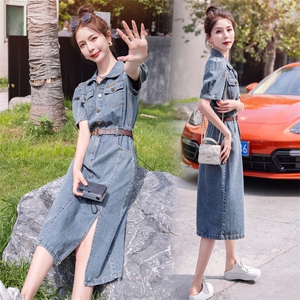 复古牛仔布长裙连衣裙女2025年夏季新款法式高级感小个子连身裙子,女装连衣裙,瑶迪依秀