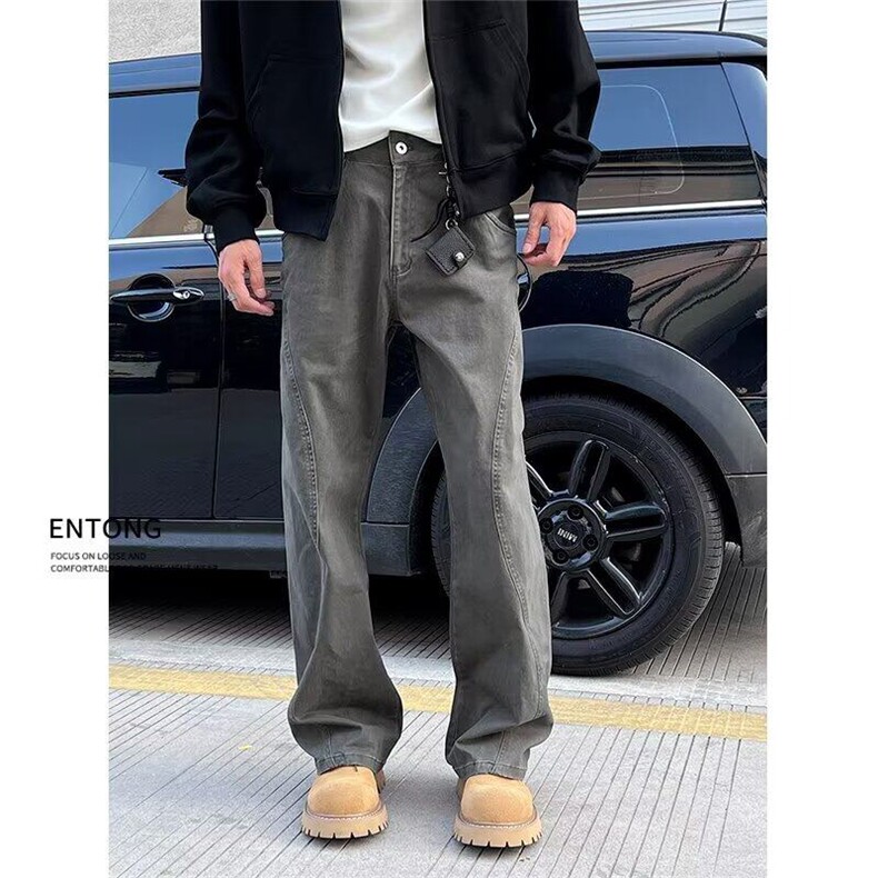 深灰色水洗做旧牛仔裤男日系复古线条设计修身显瘦宽松直筒工装裤图片