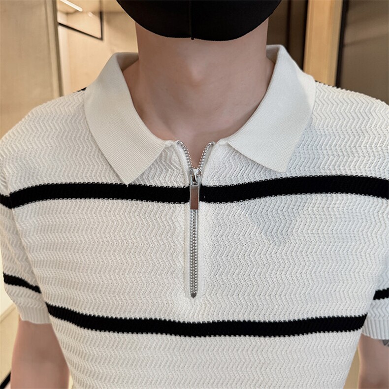 2025夏季短袖针织冰丝条纹短袖翻领Polo衫F6182-P55,男装T恤,电商D342