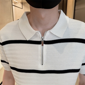 2025夏季短袖针织冰丝条纹短袖翻领Polo衫F6182-P55图片