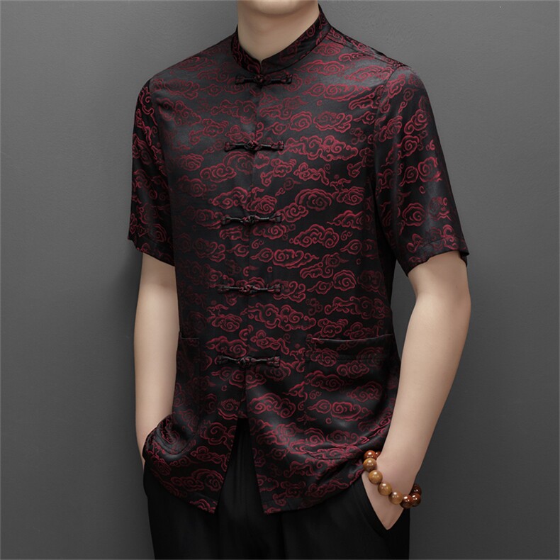 中山装男士短袖衬衫夏季中老年唐装衬衣爸爸装结婚礼服套装P108,男装衬衫,钱塘6003B