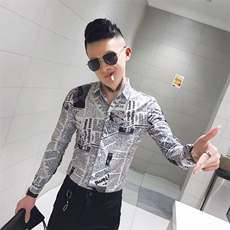 312A-807-P50秋季个性修身报纸印花长袖衬衫夜店发型师衬衣，男装衬衫，星座312A-5