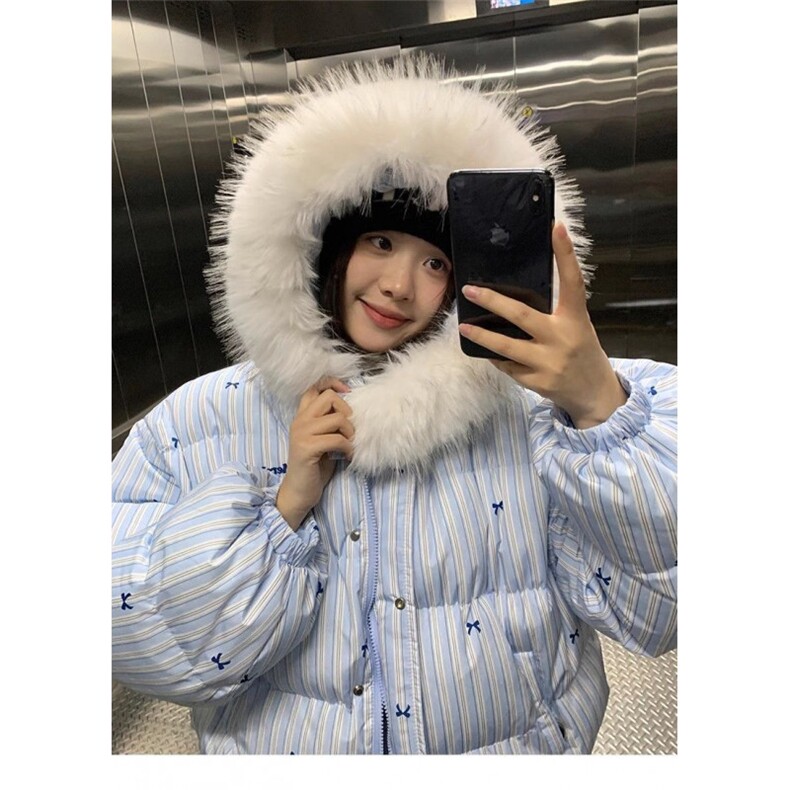 KK105-P98 毛领连帽羽绒棉服女冬季新款保暖条纹短款棉衣棉袄图片