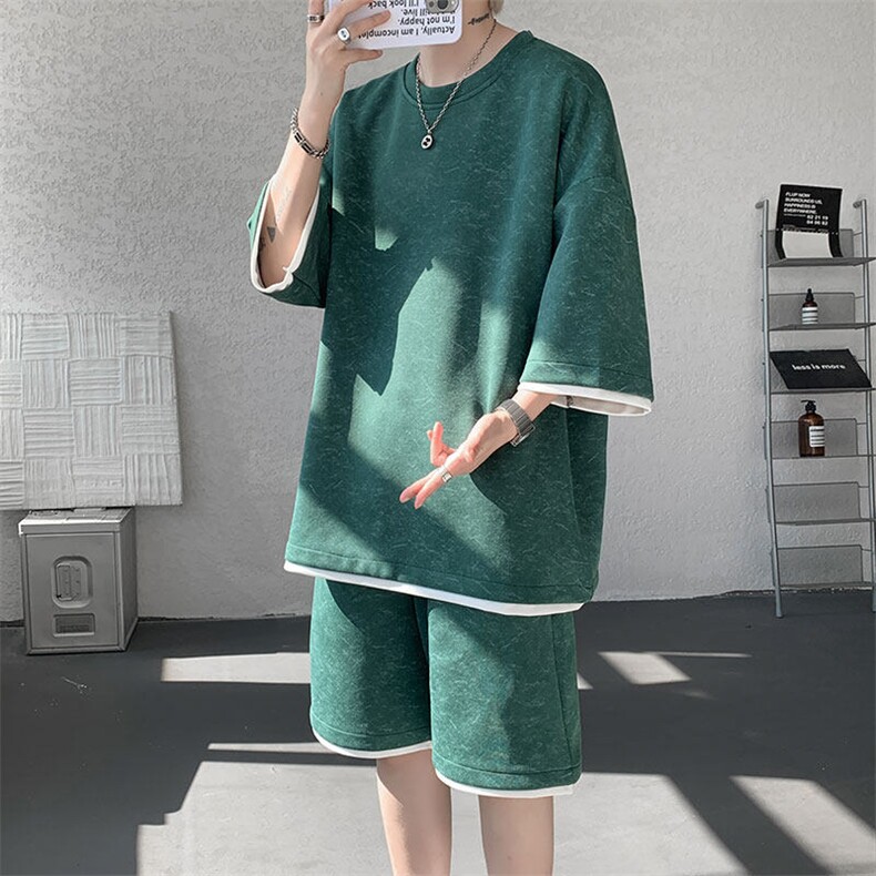 TZ775-特P50控88新款撞色拼接假2件套装短袖短裤T恤大码百搭,男装休闲套装,电商A059