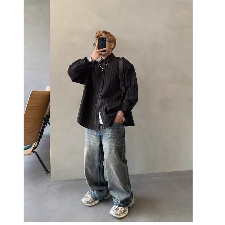 小众纹理设计感阔版宽松长袖衬衫男春秋新款潮流痞帅衬衣外套上衣,男装衬衫,星座506A